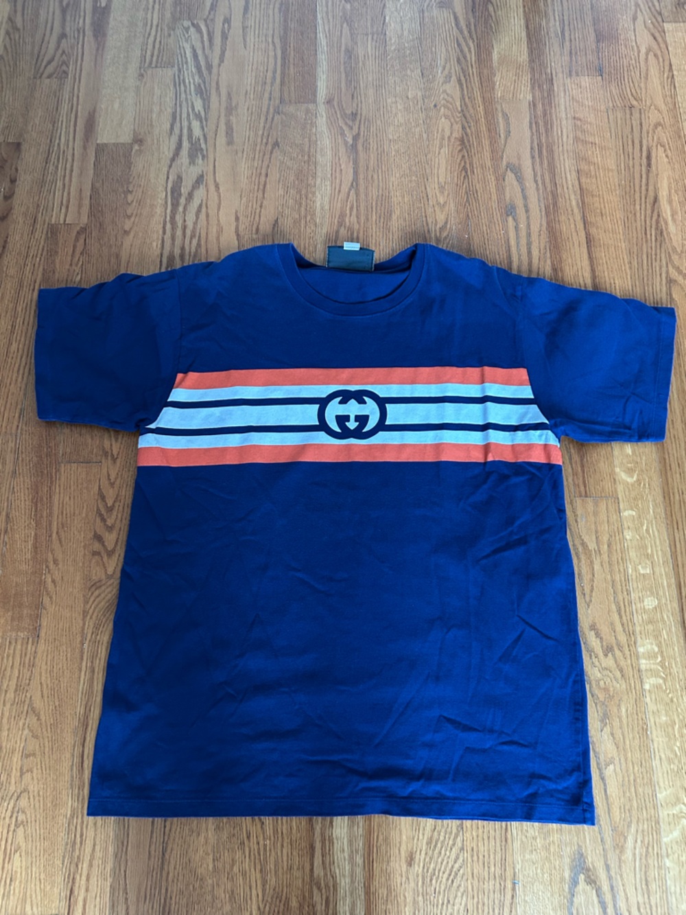 Gucci Navy Tee with Coral and Light Blue Stripes